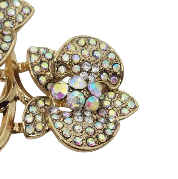 VINTAGE GOLDTONE & AURORA BOREALIS RHINESTONE FLOWERS ON STEM BROOCH - Picture 4 of 7